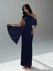 Vestido de mujer de unicolor con hombros asimétricos - Azul marino - Ver 1