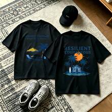 2-Piece Couple Matching Pattern T-Shirt, 100% Cotton, Loose Fit, Soft And Breathable, Casual Round Neck Short Sleeved Top Summer Vacation Beach House Hawaii 89 Resilient Courageous Palm Tree Sunset Versatile Patterns No Picky Combinations Coordinated Dating Casual Travel Simple And Cartoonish - 黑色 - 查看 1