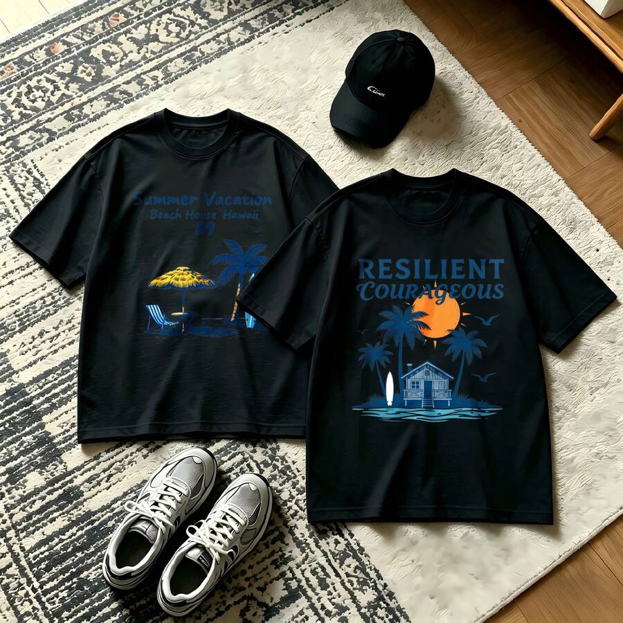 2-Piece Couple Matching Pattern T-Shirt, 100% Cotton, Loose Fit, Soft And Breathable, Casual Round Neck Short Sleeved Top Summer Vacation Beach House Hawaii 89 Resilient Courageous Palm Tree Sunset Versatile Patterns No Picky Combinations Coordinated Dating Casual Travel Simple And Cartoonish - 黑色 - 查看 1