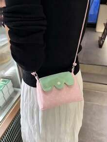 Tas Persegi Kecil Motif Polkadot Pink & Hijau Manis Gaya Korea, Tas Selempang Ringan dan Ringkas, Tas Bahu Serbaguna dan Modis untuk Perjalanan dan Penggunaan Sehari-hari untuk Anak Perempuan - Berwarna merah muda - View 3