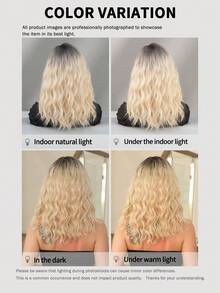 7JHH WIGS Peluca ondulada de longitud media con efecto ombré rubio de 18 pulgadas (45 cm) de longitud hasta los hombros con flequillo lateral, raíces oscuras, fibra sintética resistente al calor para uso diario y de fiesta para mujeres y niñas - Dorado - Ver 8
