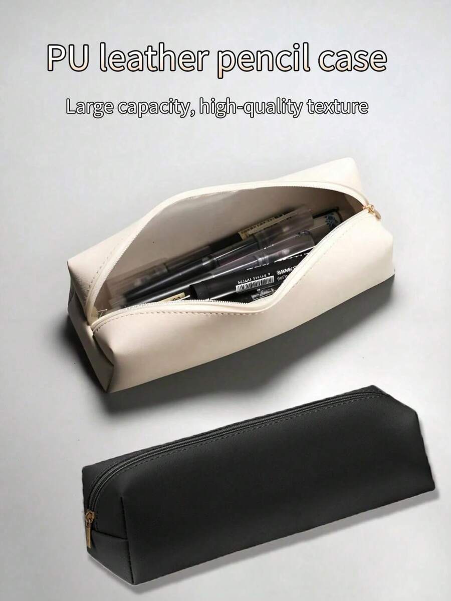 1个米色/黑色极简3D皮革铅笔盒,耐用拉链笔袋,文具收纳包,适合学校、办公室和家庭使用,男女通用化妆刷收纳袋,可折叠拉链文具铅笔盒礼品,返校季必备 - A - 查看 1