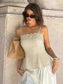 Camiseta de tirantes de verano para mujer, de estilo casual y vacacional, de unicolor minimalista con volantes, bordados y paneles de malla - Albaricoque - Ver 5