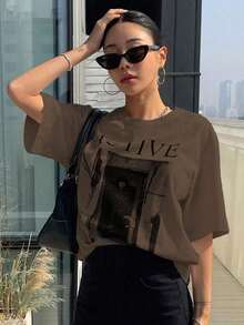 Loose-Fitting T-Shirt With Figure And Letter Graphic, Preppy Style - Whole Grain Coffee - View 6