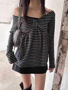 Women's Striped Off-Shoulder Long Sleeve Casual T-Shirt - Black Bar - View 3