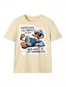 Camiseta con Pato Relajado y Frase "Whatever Life Throws at You",Camiseta de manga corta de moda para primavera y verano de 2026, hecha en México, 180 gramos. Estampado de dibujos animados, modelo de pareja, apta para uso interior o exterior. Cuello redondo, unisex, ideal para oficina y ocio. Paquete de una pieza. - APR-P631577SLNDXZGY378 - Ver 2