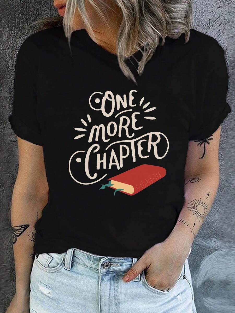 A Chapter Print T-Shirt, Casual Round Neck Short Sleeve T-Shirt For Spring And Summer, Women's Clothing. - 黑色 - 查看 1