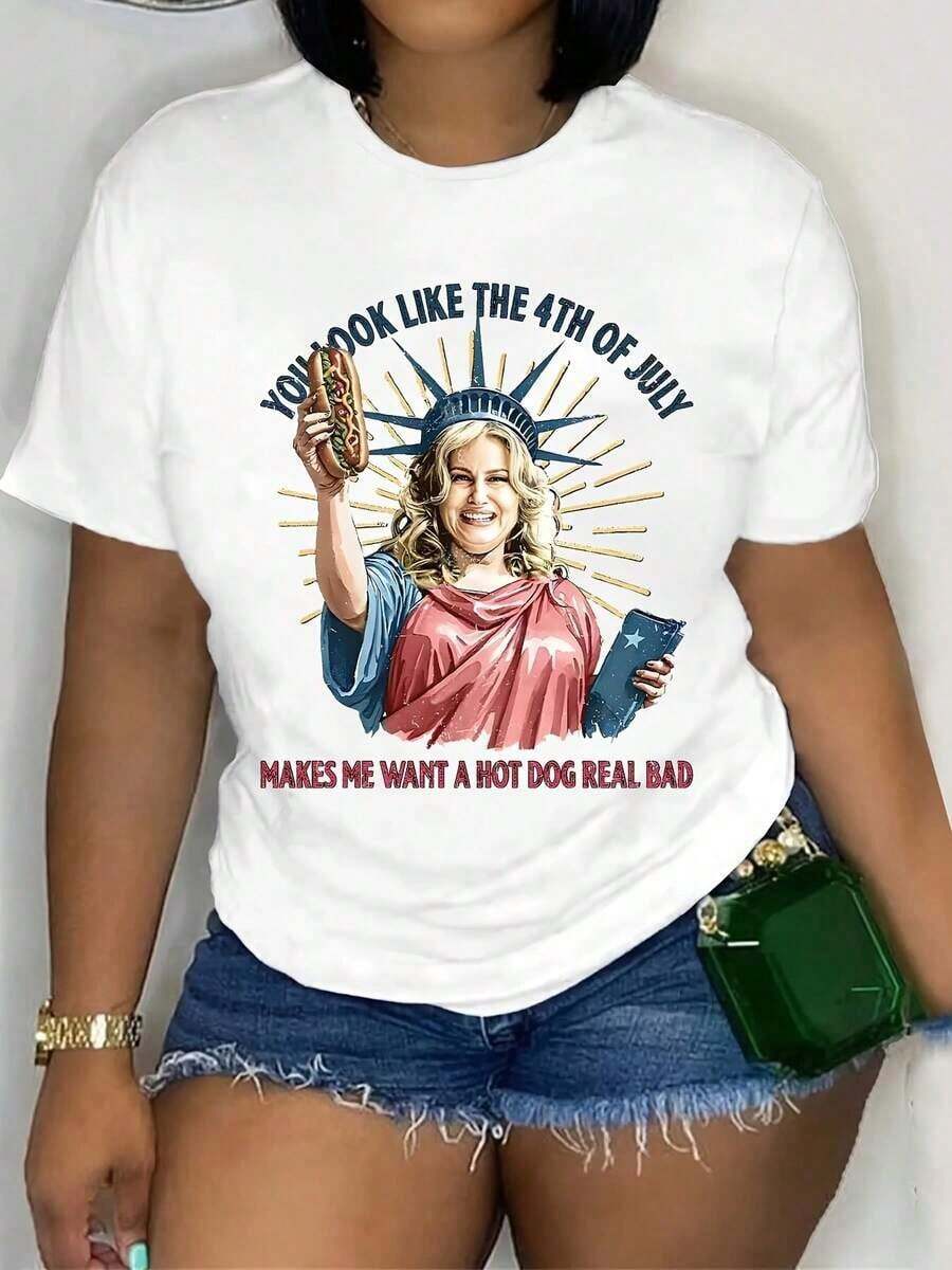 Camiseta GraphicPlus de talla grande para mujer con diseño de la bandera estadounidense, suave y elástica, de cuello redondo y manga corta, ropa deportiva casual para primavera y verano, uso diario para damas, corte relajado, lavable a máquina, estilo casual para todas las estaciones, ideal para el Día de la Independencia. - Blanco - Ver 1