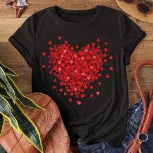 Round Neck T-Shirt With Heart Print, Casual Short Sleeve T-Shirt For Spring And Summer, Women's Clothing - 黑色 - 查看 1