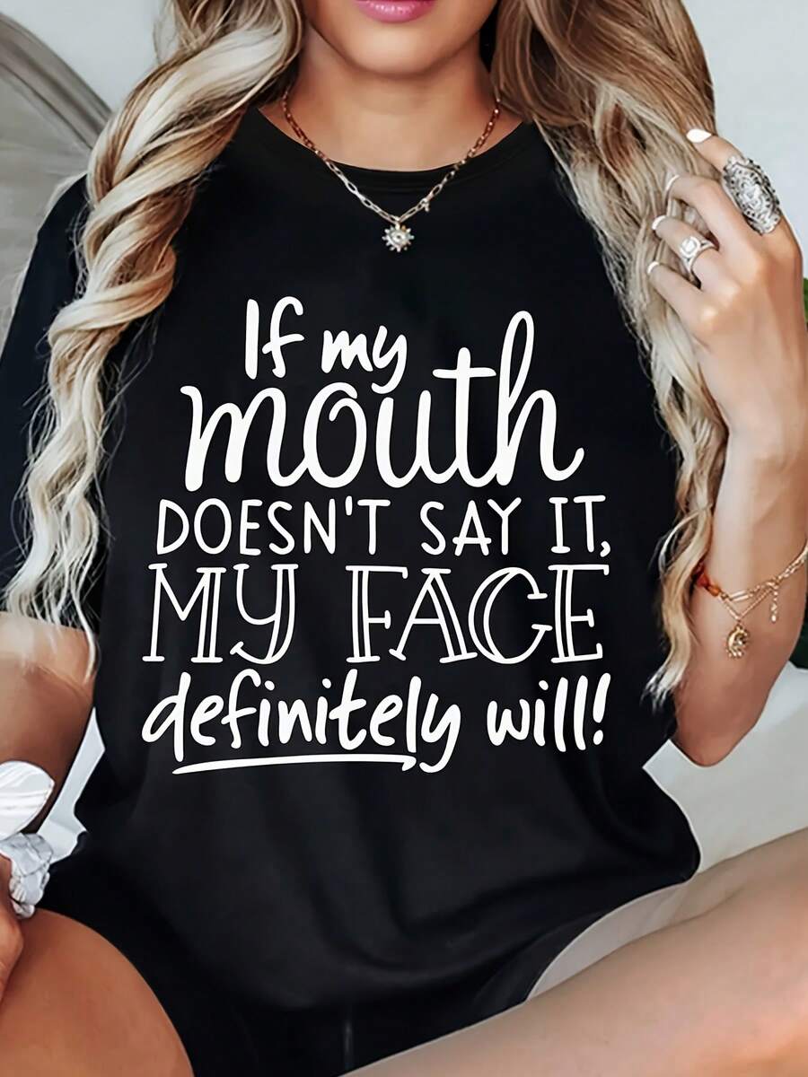 1pc Women'S Casual Polyester T-Shirt With Chic Letter Print - Crew Neck, Short Sleeve, Knit Fabric, Regular Length - All-Season Fashion Top - 黑色 - 查看 1