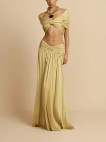 Conjunto vestido largo liso de verano estilo europeo, hombro al descubierto, escote bandeja y diseño con cintura al descubierto, estilo sensual y moderno. - Amarillo - Ver 5