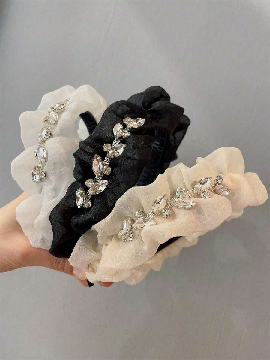 3个/1个水钻箍形发箍(水钻方向随机),女士褶皱布发箍 - 彩色 - 查看 1