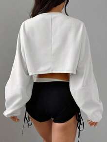 Women's Loose-Fitting Solid Color Crop Top, Black, Spring - 白色 - 查看 5
