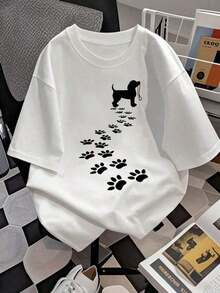 Under The Radar Adorable Women's T-Shirt With Dog Paw Print, Casual, Short Sleeve, Crew Neck For Pet Lovers, Stylish Graphic Design, Comfortable And Breathable Fabric, Ideal Gift For Dog Moms! Y2k-Vintage Unisex Urban Style Cotton Loose Fit Short Sleeve Crew Neck T-Shirt - 白色 - 查看 2