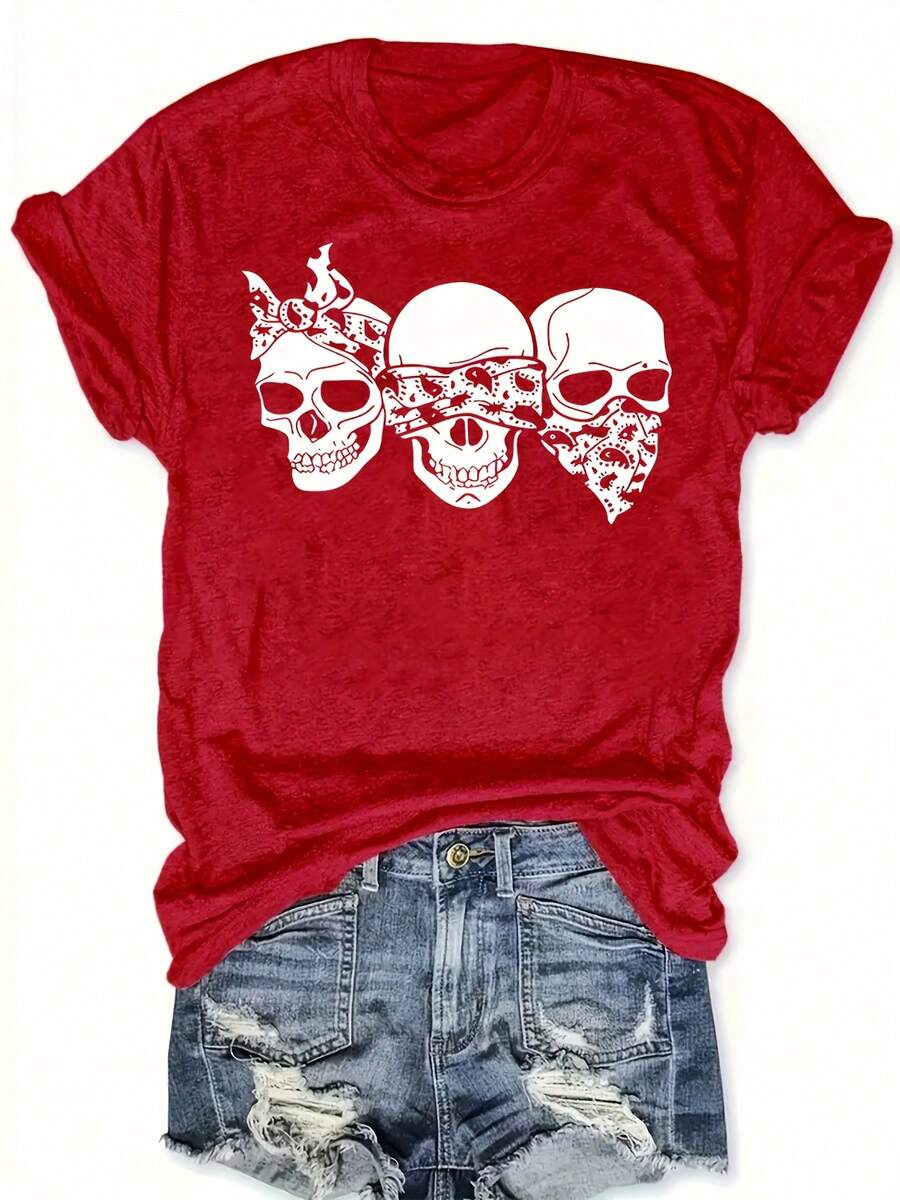 Festive T-Shirt With Cartoon Skull 2026: Women's Short Sleeve T-Shirt With Fashion Print And Loose Round Neck, Basic T-Shirt, For Casual Outings, Unique T-Shirt - 紅色 - 查看 1