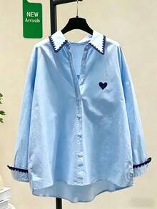 Women's Heart Embroidered Front Button Front Short Back Long Casual Shirt - Baby Blue - View 1