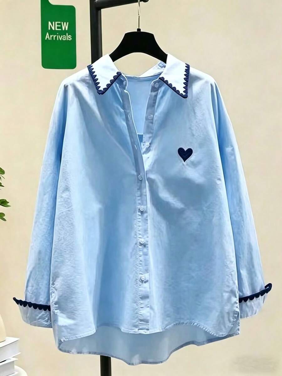 Women's Heart Embroidered Front Button Front Short Back Long Casual Shirt - Baby Blue - View 1