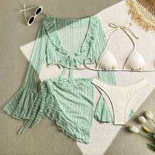 New Sexy Four-Piece Lace And Mesh Bikini. - Emerald Green - View 1