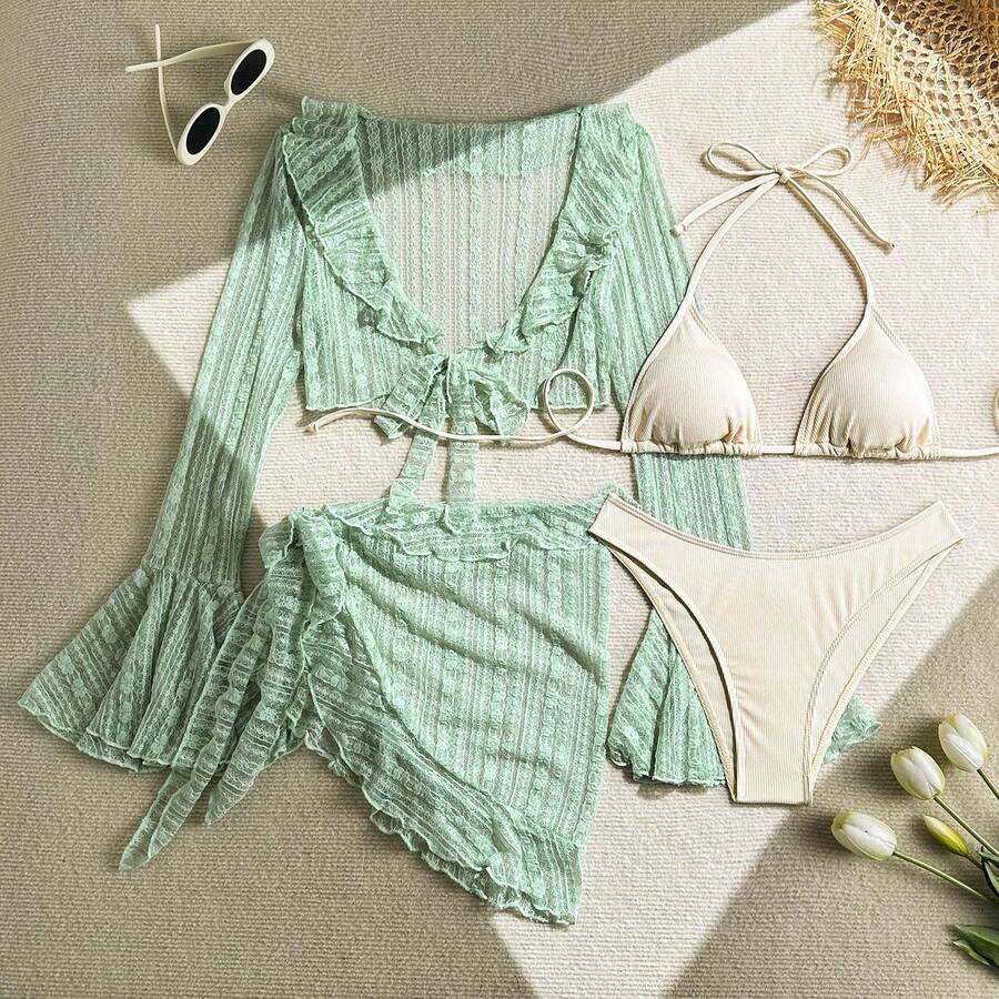 New Sexy Four-Piece Lace And Mesh Bikini. - Emerald Green - View 1
