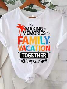 Tops de Verano para Mujer, Camiseta con Estampado Gráfico para Viajes Familiares y Vacaciones, Manga Corta, Cuello Redondo, Lavable a Máquina, Holgada y Cómoda, en - Blanco - Ver 1