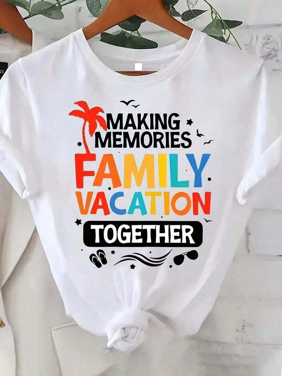Tops de Verano para Mujer, Camiseta con Estampado Gráfico para Viajes Familiares y Vacaciones, Manga Corta, Cuello Redondo, Lavable a Máquina, Holgada y Cómoda, en - Blanco - Ver 1