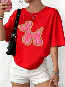 PremiumPlayera Negra de Mujer con Perro de Globo Rosa Brillante, Camiseta Aesthetic de Pop Art con Estampado de Animal, Top Moderno de Verano, Blusa Casual Divertida de Moda Eco-Friendly - Rojo - Ver 6