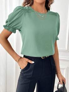 Blusa con mangas abullonadas, blusas de manga corta - verde menta - Ver 4