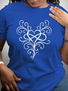 Women's Fun Short-Sleeved T-Shirt With "Artistic Heart" Print, Suitable For Daily Wear, Made Of Soft And Breathable Polyester Fiber, With Medium Elasticity, Machine Washable, Casual Short-Sleeved T-Shirt With Round Neck And Print, Round Neck Top, Short-Sleeved Top For Summer. - 藍色 - 查看 1