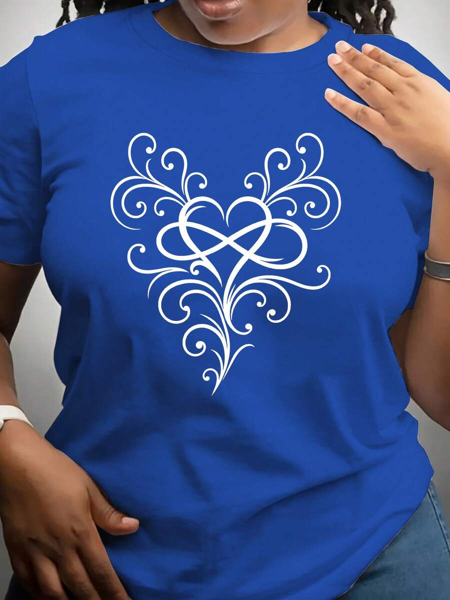 Women's Fun Short-Sleeved T-Shirt With "Artistic Heart" Print, Suitable For Daily Wear, Made Of Soft And Breathable Polyester Fiber, With Medium Elasticity, Machine Washable, Casual Short-Sleeved T-Shirt With Round Neck And Print, Round Neck Top, Short-Sleeved Top For Summer. - 藍色 - 查看 1