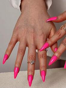 24pcs Medium Bright Pink Matte False Nails, Pointed Artificial Nail Tips, Full Coverage Stick-On Manicure Suitable For Women - Hot Pink - View 5