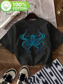 T-Shirt With A Fierce Octopus Print, Short Sleeves And Round Neck, Perfect For Casual Wear In Spring And Summer, Designed For Women. - Hitam - View 6