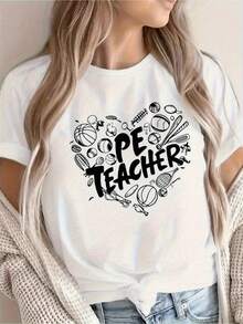 Women's Soft T-Shirt With Physical Education Teacher Print - 100% Cotton, Loose And Casual Short Sleeve T-Shirt, Round Neck With Geometric Print, Spring/Summer Clothing, Teacher Style, Fun Design, Comfortable Fabric, Loose Fit 180g - 100% Cotton T-Shirt, Breathable For Casual Everyday Wear - 白色 - 查看 1