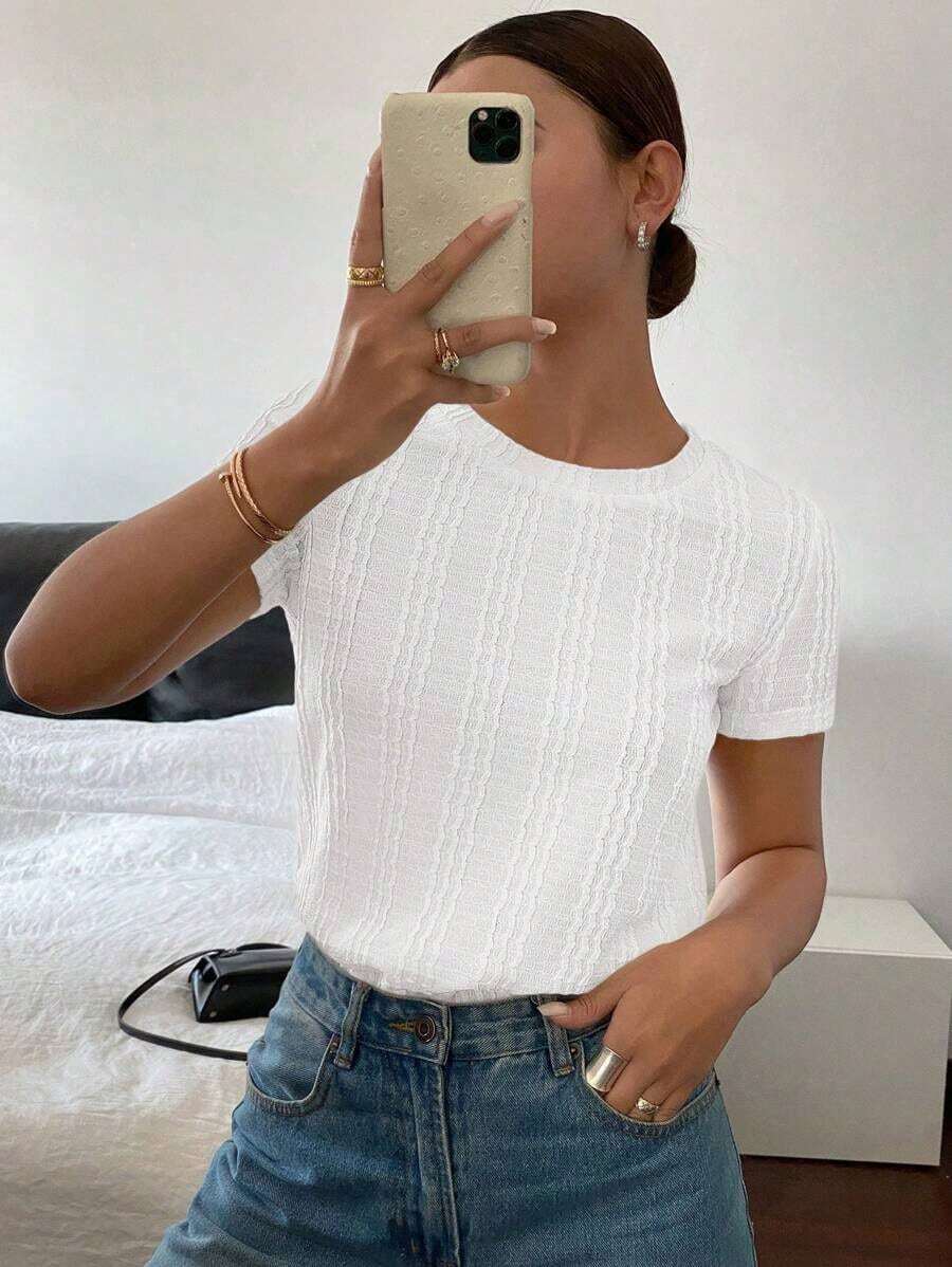Camiseta de cuello redondo de manga corta de unicolor para mujer, versátil para el verano - Blanco - Ver 1