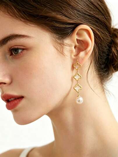 1 Pair Of French High-End Hollowed Out Four Leaf Clover Ear Hooks With Dual Color Options For Niche Design, Long Tassel Earrings