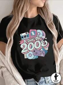 Women's T-Shirt Made Of Pure Cotton, Casual Loose Style, With A Vintage "I Love The 2000s" Design, Suitable For Casual Wear, Can Be Worn At Parties, At Home Or For Going Out To Dinner, Lightweight And Durable, Comfortable And Fitted For Everyday Wear. - 黑色 - 查看 1