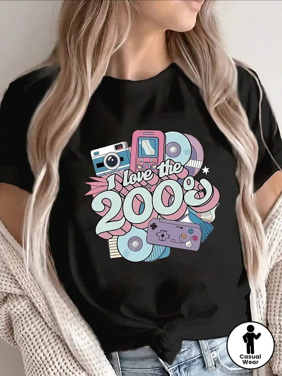 Women's T-Shirt Made Of Pure Cotton, Casual Loose Style, With A Vintage "I Love The 2000s" Design, Suitable For Casual Wear, Can Be Worn At Parties, At Home Or For Going Out To Dinner, Lightweight And Durable, Comfortable And Fitted For Everyday Wear. - 黑色 - 查看 1