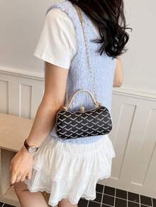 Bolso de mano de estilo retro coreano con patrón geométrico, diseño de cadena de metal, elegante para citas, bodas, versátil como bolso de mano y de hombro - Negro - Ver 8