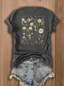 Camiseta cómoda de color gris oscuro con estampado de tequila, hombros caídos, manga corta, cuello redondo, corte regular para mujer, camisetas gráficas para mujer, camiseta Margarita, camiseta oversize, camiseta de tequila, camisetas gráficas Y2k. - Gris oscuro 2 - Ver 2