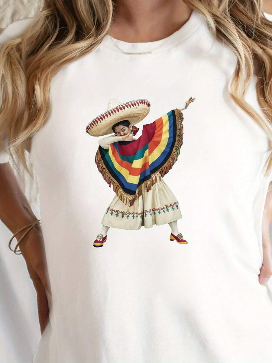 Women's T-Shirt - Mexican Traditional Print T-Shirt - Casual Short-Sleeved Crew Neck Top With Bright Geometric Patterns, Suitable For Summer And Spring, Machine Washable, Casual Everyday Style. | Traditional Dress Shirt | Women's Medium-Stretch Fabric Top - 白色 - 查看 1