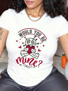 New Arrivals For Summer. Women's 100% Pure Cotton Casual T-Shirt With A Round Neck, A Fun Print Of A Robot Holding A Heart, And The Phrase "Will You Be Mine?", Ideal As A Romantic Date Gift. Blouse, Shirt > Beautiful. - 黑色 - 查看 7