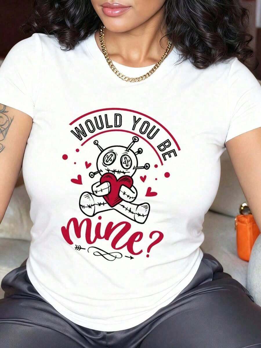 New Arrivals For Summer. Women's 100% Pure Cotton Casual T-Shirt With A Round Neck, A Fun Print Of A Robot Holding A Heart, And The Phrase "Will You Be Mine?", Ideal As A Romantic Date Gift. Blouse, Shirt > Beautiful. - 白色 - 查看 1