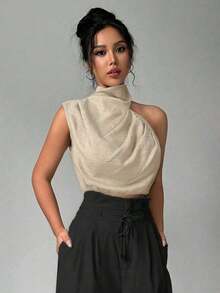 Blusa sin mangas de cuello alto de lino para mujer, blusa para ir al trabajo, camisa sin mangas asimétrica, adecuada para ir al trabajo, elegante, vacaciones, playa, estilo bohemio, Hawái, Día del Maestro, festival de música - Caqui - Ver 8
