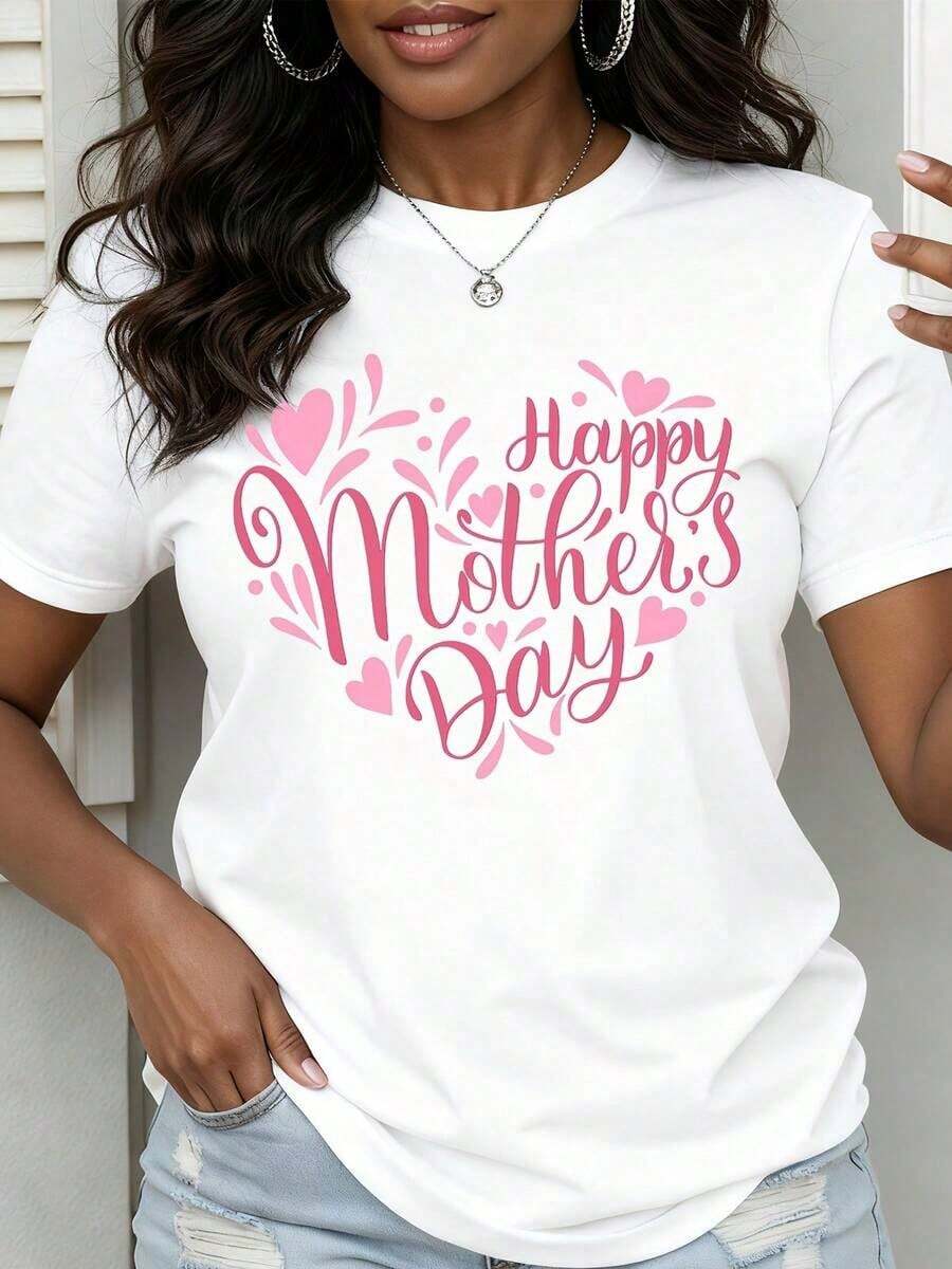 Women's Heart Print T-Shirt For Mother's Day, Round Neck, Casual Everyday Wear - Urban Vintage Style, Unisex, Cotton, Short Sleeve, Round Neck - 白色 - 查看 1
