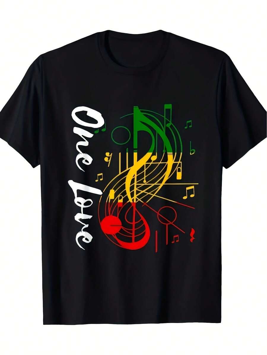 Reggae Family Love And Reggae Music T-Shirt % - Same Style For Men And Women, Summer Short Sleeve Printed T-Shirt 2026, Versatile Casual Underwear For Men For All Seasons, Summer Printed T-Shirt, Cotton T-Shirt - 黑色 - 查看 1