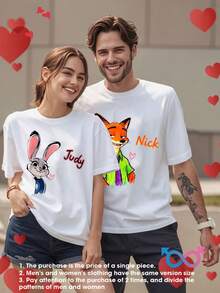 Disney Zootopia Couple T-Shirt Fox Rabbit Couple Print Series Spring And Summer Casual Short-Sleeved Tops Young Fashion Interesting Design Light Fabric Machine Washable Neutral Tops. - Áo trắng nam - Xem 1