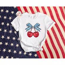 Cherry Bow USA Flag T-Shirt: Patriotic Coquette Teeblouses For Women>Ladies' Blouses - 白色 - 查看 5