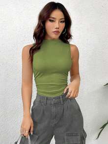 Body sin mangas de unicolor minimalista y de moda para mujer, de verano - Verde militar - Ver 6