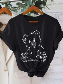 Women's Casual Short-Sleeved Crew Neck T-Shirt With Diamond Bear Print, Breathable Black Fabric, Machine Washable, Comfortable Fit For All Seasons, Ideal For Christmas, Easter, Halloween, Thanksgiving. - 黑色 - 查看 8