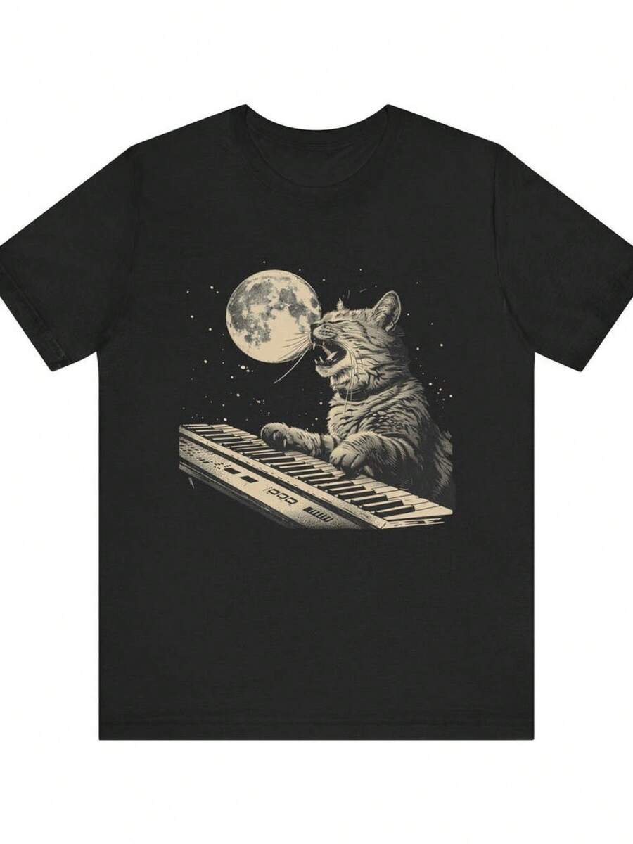 Funny Cat T-Shirt, Vintage T-Shirt Of A Cat Playing A Keyboard And Meowing, Cool Cat Pattern T-Shirt, Singing Cat T-Shirt, Gift For Women, Women's Shirts, Women's Sweatshirts, Sweater, Casual Blouse, Summer Prom Dresses - 黑色 - 查看 1