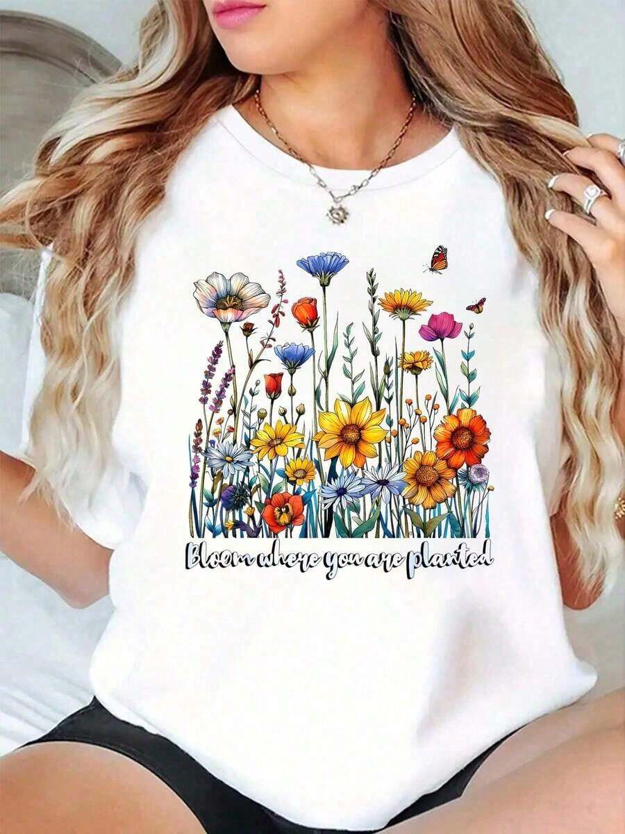 1 Piece, 100% Pure Cotton, Women's "Bloom Where You Are Planted Wildflower Positive" Fun Print T-Shirt, Comfortable And Cozy Summer Styles, Suitable For Women's Casual Daily Wear, 180g 100% Cotton. - 白色 - 查看 1